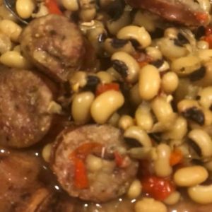 Black Eyed Peas with Seared Shrimp & Sausage